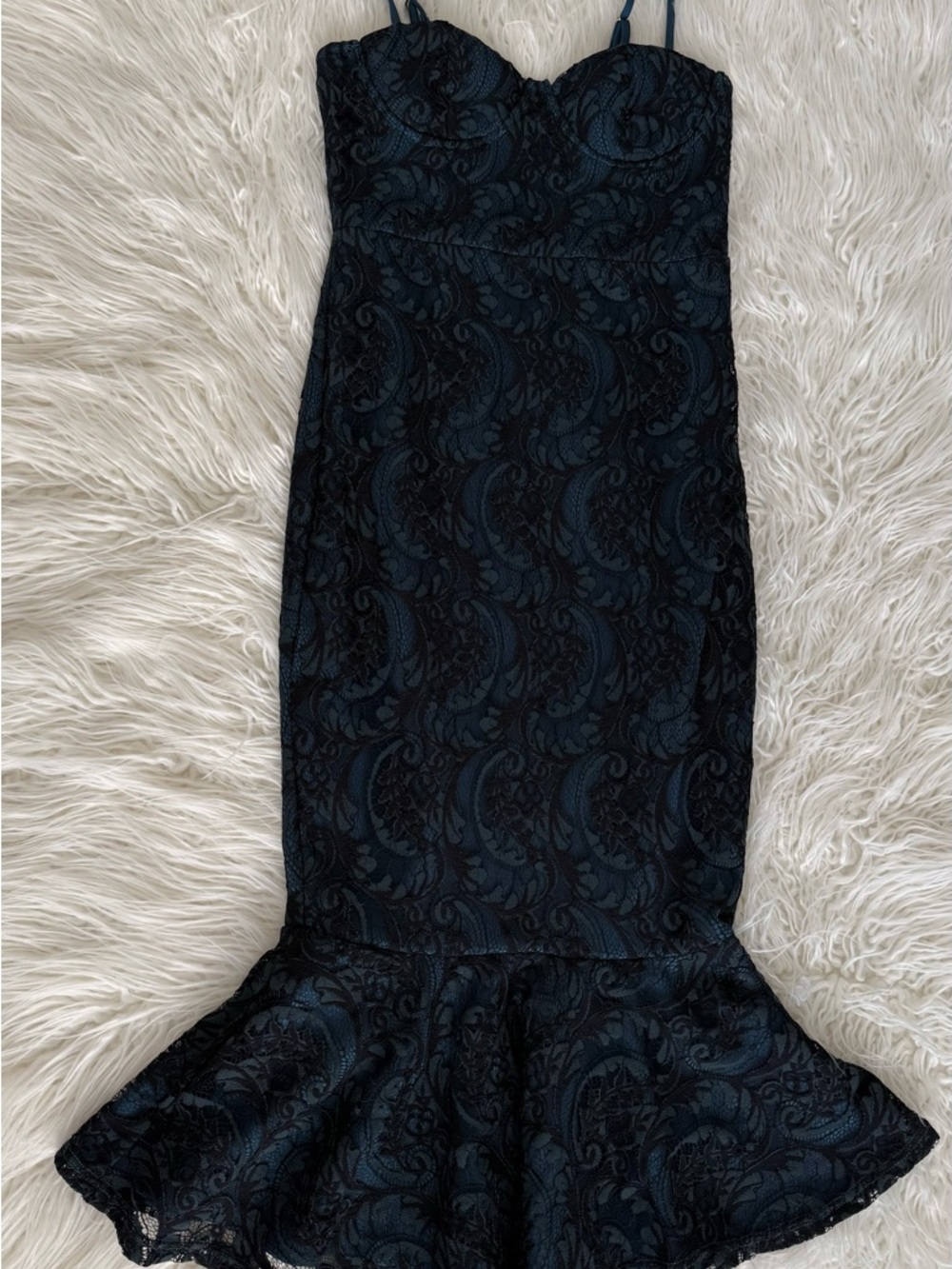 Fashion Nova Teal & Black Lace Mermaid Midi Dress